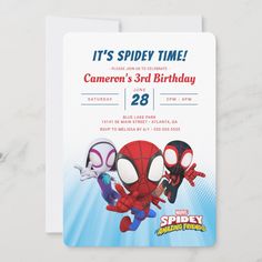 spiderman birthday party card with two cartoon characters on the front and one in the back