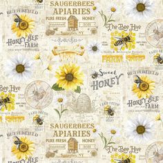 a yellow and white fabric with sunflowers, bees and honeybees on it