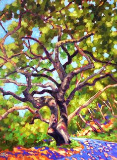 an oil painting of a tree in the woods