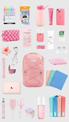 the contents of a pink backpack are laid out on top of each other, including notebooks and pens