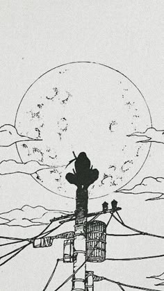 a black and white drawing of a person on top of a telephone pole with the moon in the background