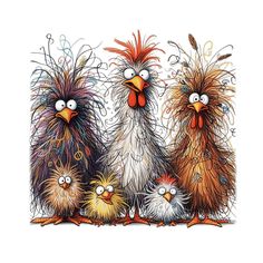 an image of three birds with feathers on their heads and one bird in the middle