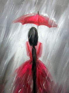 a painting of a woman in a red dress holding an umbrella