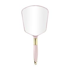 a pink and gold hair dryer with a mirror on the top that is shaped like a cone