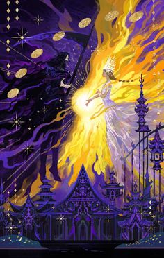 an artistic painting of a woman on fire with buildings in the background and stars all around her