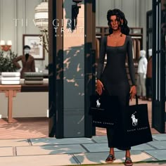 a woman in a black dress holding shopping bags