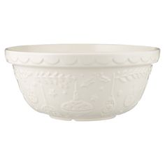 a white bowl on a white background with an ornate design in the bottom and sides