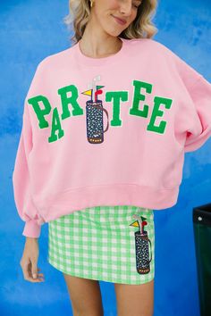 PARTEE PINK PULLOVER | Judith March Golf Tournament Outfit, Cute Golf Outfit, Party Outfits For Women, Judith March, Girls Golf, Womens Golf Fashion, Golf Birthday, Athleisure Trend, Golf Attire