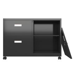 a black cabinet with two doors and three drawers