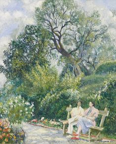 two women sitting on a bench in a garden with flowers and trees behind them, one woman has her arm around the other