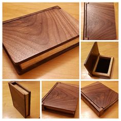 four different views of a wooden box on a table, including the inside and outside