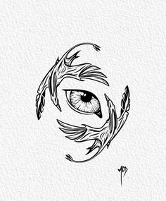 an eye in the shape of a bird with feathers on it's tail, drawn by