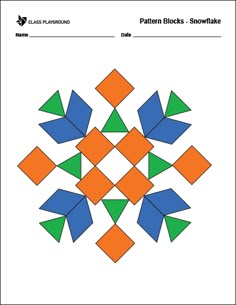 the pattern blocks snowflake is shown in blue, green and orange squares with arrows