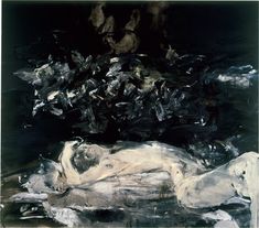 a painting of a man laying on the ground