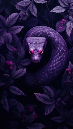 a purple snake with red eyes in the middle of some leaves and flowers on a dark background