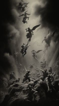 a black and white photo of people on horses in the sky with angels above them