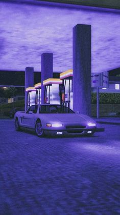 a car parked in front of two buses at a bus stop with purple lighting on the side