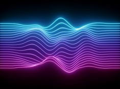 an abstract neon wave background with blue and pink lines on the top, against a black background