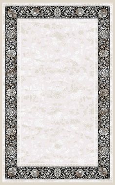 a white and black rug with an ornate border