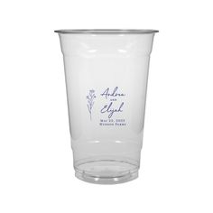 a clear plastic cup with the name and date printed on it, sitting on a white background