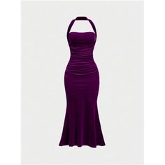 a women's purple dress with a halter neckline and pleaed skirt