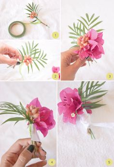 step by step instructions on how to make a tropical flower bouquet with flowers and leaves