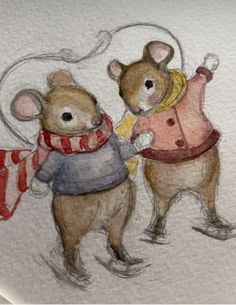 two mouses are standing next to each other wearing sweaters and scarves,