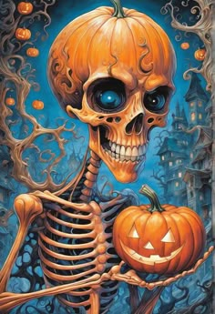 a skeleton holding a pumpkin in its hand