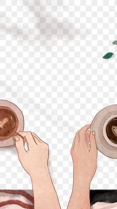 two hands holding cups of coffee on top of each other, with leaves flying above them