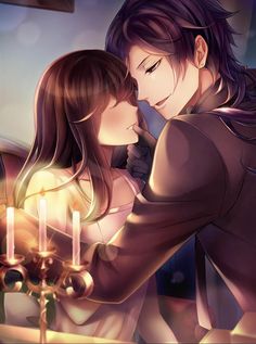 an anime couple kissing in front of a table with candles on it and the man is holding