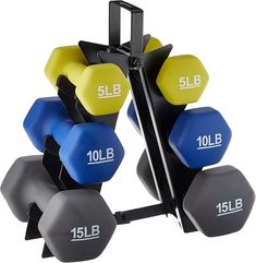 a set of dumbs and weight plates with the number 15lb on each side