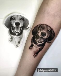 a black and white photo of a dog on the left arm, next to an image of a dachshund