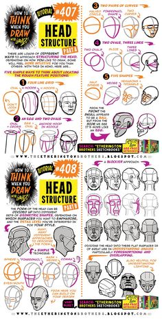 how to draw the head and shoulders in one point, with instructions for each part