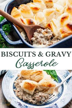 biscuits and gravy casserole in a blue dish with a wooden spoon