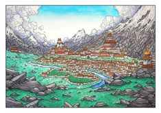 a drawing of a city surrounded by mountains and rocks in the foreground, with a river running through it