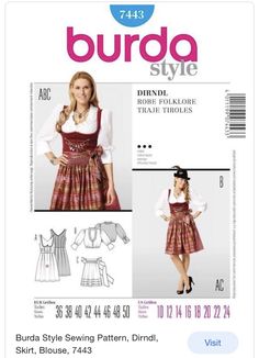 Dirndl Dress Pattern, Dirndl Pattern, German Costume, Burda Sewing Patterns, Burda Patterns, Simplicity Dress, Dirndl Dress, Aprons Patterns, Womens Sewing Patterns