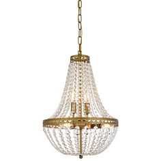 a chandelier with crystal beads hanging from it's golden frame and chain