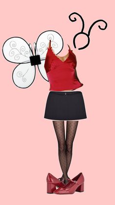 a woman in red shirt and black skirt standing next to a white butterfly on pink background