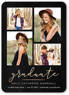 the graduation announcement card features four photos and is printed on black paper with gold foil