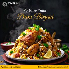 chicken dum dum biriyani with rice and garnishes