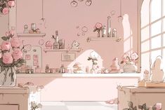 a room filled with lots of pink flowers next to a counter and shelves on the wall