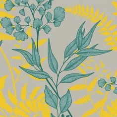 a green and yellow floral pattern on a gray background with leaves in the foreground