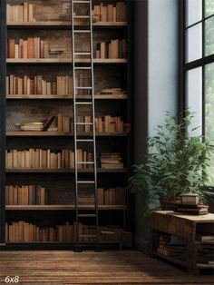 Cozy Library with Ladder Photography Backdrop - A cozy library scene with a vintage bookshelf Library Set Design, Library With Ladder, Ladder Photography, Loft Library, Library Photography, Library Nook, Author Portraits, Rolling Ladder, Warehouse Loft