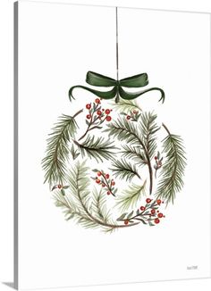 a christmas ornament with holly and berries hanging from it's center, on a white background