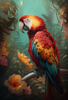 a colorful parrot perched on top of a tree branch next to flowers and plants in the forest