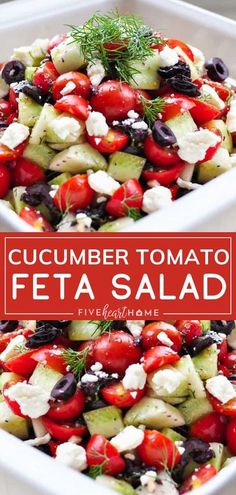 cucumber tomato feta salad in a white serving dish with text overlay