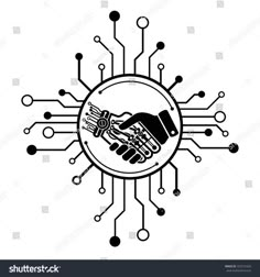 two hands shaking each other over a circuit board with the symbol of an electronic device