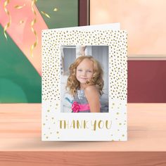 Gold Glitter Birthday Kids Girl Photo Thank you Card