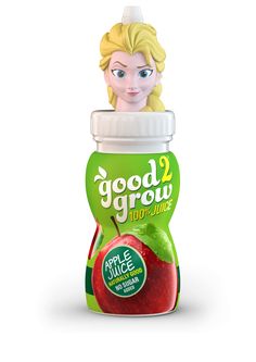 an apple juice bottle with a cartoon figure in the top and bottom half, on a white background