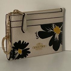 Coach Mini Skinny Id Card Case With Attached Keychain Bnwt Cz595 Pebbled Leather In Chalk With Embossed Black Floral Print Clear Id Window + 2 Slip Pockets Gold Plated Hardware Zip Top Closure Measures 4.25” X 3” Smoke & Pet Free Environment Wallet Keychain, Card Case Wallet, Keychain Wallet, Black Floral Print, Zip Top, Black Cream, Card Case, Pebbled Leather, Wallets For Women